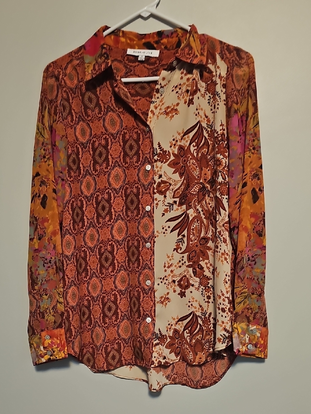 Rose & Olive Mixed-Print Button-Down Shirt in Rust, Cream & Mustard